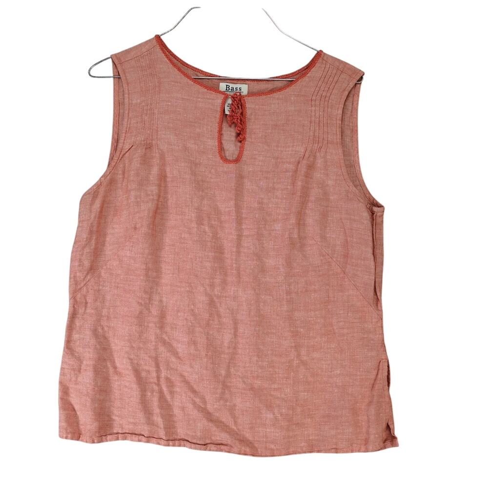 Bass Orange Linen Cotton Tank Top Women's‎ M Keyhole Tie Neck Pleated Shoulder